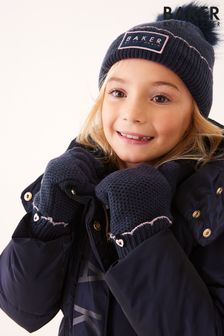 Baker by Ted Baker Navy Girls Scallop Edge Pom Hat and Gloves Set (D69332) | €30
