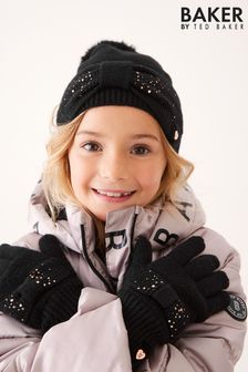 Baker by Ted Baker Girls Black Sparkly Diamanté Hat and Gloves Set (D69335) | €25