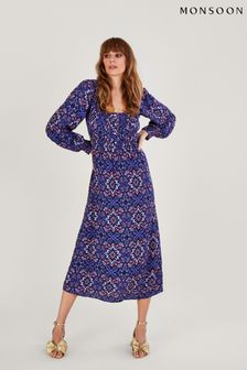 Monsoon Purple Isla Ikat Print Shirred Midi Dress in Sustainable Viscose (D69470) | €50