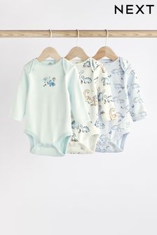 Blue Dinosaur Long Sleeve Baby Bodysuits 3 Pack (D70140) | €23 - €26