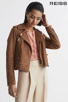 Светло-коричневый - Замшевая байкерская куртка Reiss Santiago (D70165) | €606