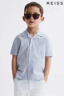 Reiss Navy Stripe Saka Junior Cuban Collar Striped Short Sleeve Shirt (D70167) | OMR29