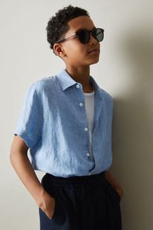 Reiss Soft Blue Holiday Senior Short Sleeve Linen Shirt (D70169) | 291 SAR