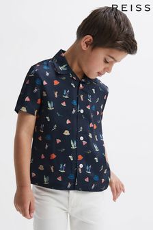 Reiss Navy Archer Junior Beach Print Cuban Collar Shirt (D70190) | $67