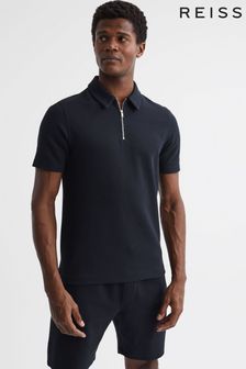 Reiss Navy Creed Slim Fit Textured Half Zip Polo Shirt (D70193) | 500 QAR