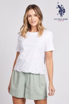 U.S. Polo Assn. White Womens Broderie Hem T-Shirt (D70869) | €21.50