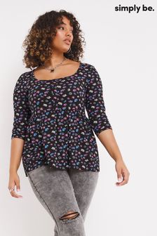 Simply Be Black Ditsy 3/4 Sleeve Criss-Cross Front Tunic (D71070) | 84 zł
