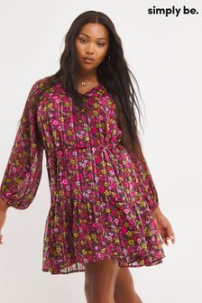 Simply Be Ausgestelltes, geblümtes Kleid mit auffälligen Ärmeln und Glitzerdesign, Rosa (D71072) | 26 €