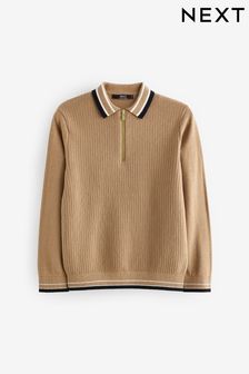 Tan Brown Long Sleeve Knitted Zip Polo Shirt (3-16yrs) (D71338) | AED47 - AED64