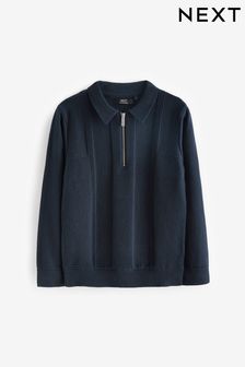 Navy Blue Textured Knit Zip Neck Long Sleeve Polo Shirt (3-16yrs) (D71363) | €12 - €16