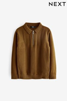 Brown Textured Knit Zip Neck Long Sleeve Polo Shirt (3-16yrs) (D71364) | $24 - $32