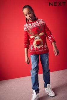 Red Reindeer Fairisle Pattern - Knitted Christmas Jumper (3mths-16yrs) (D71481) | kr320 - kr430