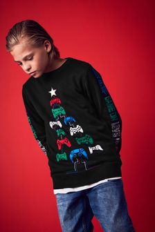 Czarny z choinką gracza - Sweter z dzianiny w bożonarodzeniowy wzór (3m-cy-16lata) (D71485) | 100 zł - 130 zł