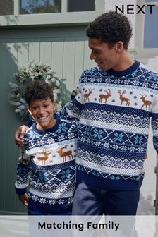 Azul marino con ciervo - Suéter de Navidad de punto con diseño cruzado para niño mayor a juego para toda la familia (3 meses-16 años) (D71490) | 21 € - 29 €