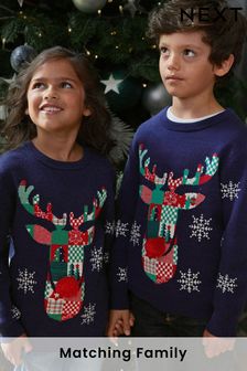 Navy Blue Reindeer Christmas Kids Knitted Jumper (3mths-16yrs) (D71492) | SGD 30 - SGD 41
