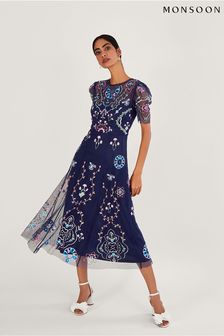 Niebieska haftowana sukienka midi Monsoon Leor (D71607) | 525 zł