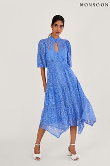 Monsoon Blue Rhea Lace Hanky Hem Shirt Dress (D71610) | €85