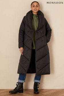 Monsoon Black Longline Clara Padded Recycled Polyester Maxi Coat (D71621) | kr3 300