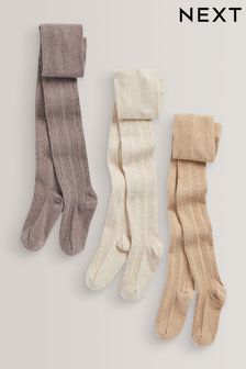 Oatmeal Cream/Brown 3 Pack Cotton Rich Cable Tights (D71627) | HK$131 - HK$183