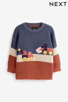 Dzianinowy sweter z okrągłym dekoltem w paski z motywem koparek (3m-cy-7lata) (D71635) | 63 zł - 73 zł