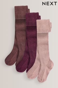 Brown/Berry/Pink 3 Pack Cotton Rich Cable Tights (D71645) | $26 - $36