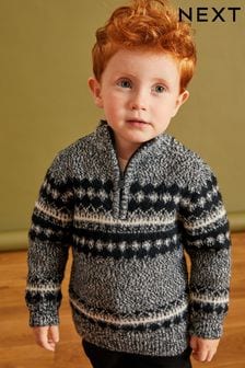 Enobarvni vzorec z vzorcem fairisle - Pleten pulover z zadrgo na ovratniku (3 mesecev–7 let) (D71646) | €13 - €15