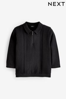 Black Long Sleeve Zip Neck Textured Polo Shirt (3mths-7yrs) (D71651) | €11 - €13
