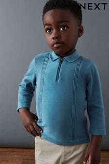 Blue - Long Sleeve Zip Neck Textured Polo Shirt (3mths-7yrs) (D71652) | kr250 - kr290