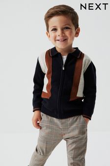 Black/Tan Brown Colourblock - Long Sleeve Patterned Knit Polo Shirt (3mths-7yrs) (D71657) | kr250 - kr290