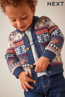Navy Blue Fairisle Pattern Cardigan Knitted Christmas Jumper (3mths-7yrs) (D71660) | €10.50 - €12.50