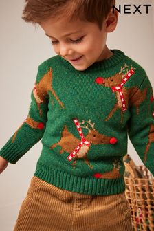 Zielony w renifery - Sweter z dzianiny w bożonarodzeniowy wzór (3m-cy-7lata) (D71664) | 90 zł - 105 zł