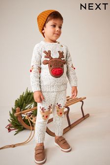 Grey Reindeer Knitted Christmas Sweater & Joggers Set (3mths-7yrs) (D71665) | €25 - €30