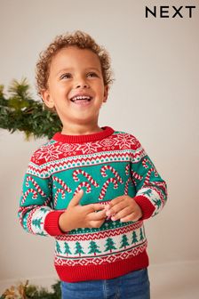 Red/Green Candy Cane Fairisle Pattern Knitted Christmas Jumper (3mths-7yrs) (D71667) | €12 - €14