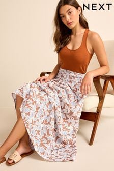 Brown Floral Print Linen Blend Maxi Skirt (D71702) | TRY 589