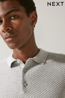 Grey Textured Regular Long Sleeve Knit Polo Shirt (D72115) | €17.50