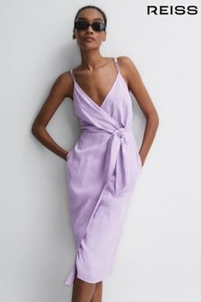 Lilac - Reiss Esme Linen Side Tie Midi Dress (D72418) | BGN441