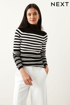 Črno-bele črte - Rebrast pulover z zavihanim ovratnikom (D72441) | €9