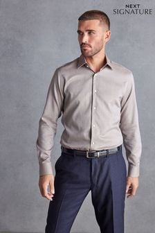 Neutral Brown Slim Fit Signature Textured Single Cuff Shirt With Trim Detail (D72885) | HK$310