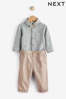 Modra/rjava - Komplet srajce, hlač in metuljčka z dolgimi rokavi za dojenčke (0 mesecev–2 let) (D72904) | €19 - €21