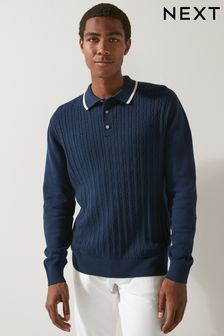 Navy Tipped Cable Long Sleeve Polo Shirt (D72907) | €35