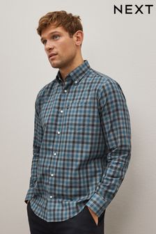 Grey/Blue Gingham Easy Iron Button Down Oxford Shirt (D72939) | kr276