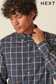 Navy Blue Tattersall Check Regular Fit Easy Iron Button Down Oxford Shirt (D72940) | $30