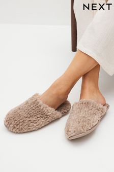 Natural Recycled Faux Fur Cosy Mule Slippers (D72949) | kr145