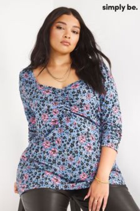 Simply Be Blue Floral Supersoft Ruched Bust Peplum Top (D73229) | 31 €