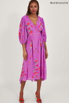 Monsoon Purple Lusia Embroidered Wrap Dress in Recycled Polyester (D73280) | €79