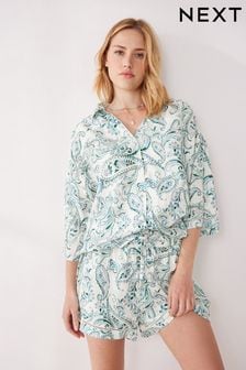Blaues Paisleymuster - Kurzärmeliger Pyjama mit Knopfleiste (D73533) | 27 €
