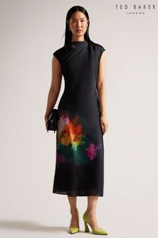 Ted Baker Averiee Black Slip Midi Dress With Draped Neck Detail (D73640) | €140