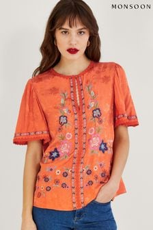 Monsoon Orange Odelia Embroidered Floral Top In Sustainable Viscose (D73866) | 190 zł