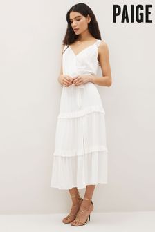 Paige Riviera White Ruffle Side Slit Midi Dress (D74362) | €187