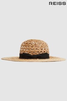 Reiss Neutral Eloise Crochet Raffia Wide Brim Hat (D74467) | OMR66